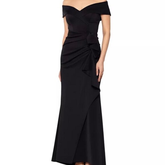 Xscape Black Off the Shoulder Ruffle Scuba Gown - Picture 1 of 4